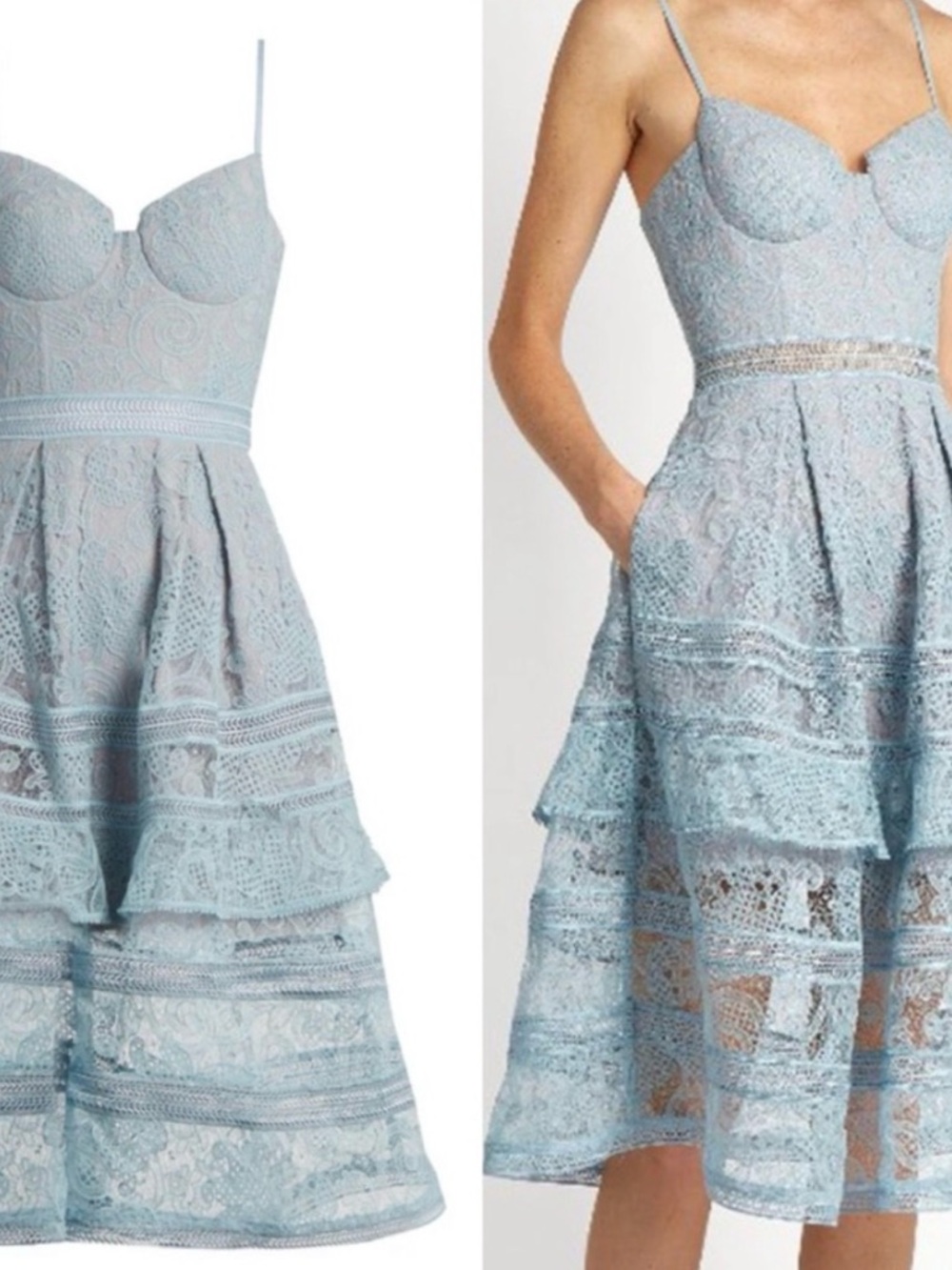 Self-Portrait Powder Blue Lace Midi Dress with Spaghetti Straps